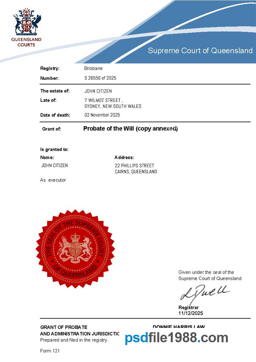 Australia Probate of the Will Supreme Court of Queensland